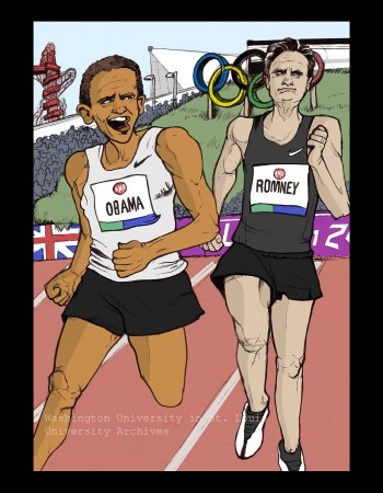 Cover art for a 2012 issue of Political Review showing Barack Obama and Mitt Romney as Olympic track racers with Obama pulling ahead of Romney.