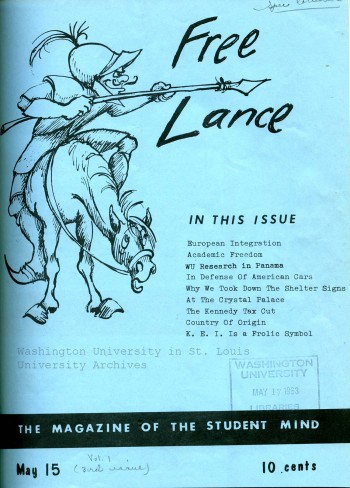 Freelance Political Magazine 1963 cover depicts artwork of a knight with a lance on a horse. The art is comical. 