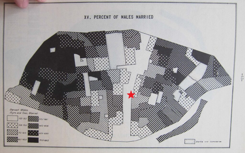 A map illustrating the distribution of single men in St. Louis, according to data from 1930 US Census. The approximate location of Dante’s Inferno (3516 Olive) is marked with a red star. Dante’s Inferno stood in the midst of a band stretching across St. Louis’s Central Corridor characterized by low average family size and an unusually high proportion of unmarried adult male residents. Source: Ralph Carr Fletcher, et al., Social Statistics of St. Louis by Census Tracts (St. Louis, 1935). 