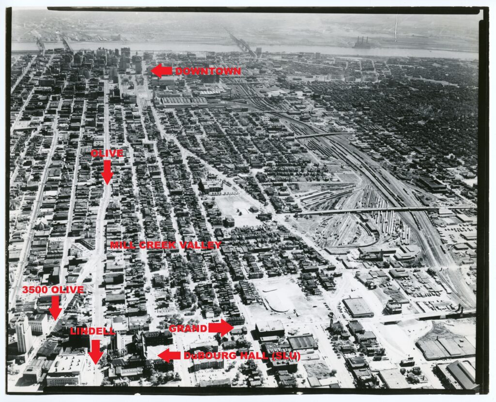 An aerial view of the eastern half of St. Louis’s Central Corridor, probably taken in the late 1940s or early 1950s. The Continental Life Building and the 3500 block of Olive are visible in the lower left corner. This photograph illustrates how close the 3500 block of Olive was to the Mill Creek Valley. Image courtesy of the Missouri History Museum.