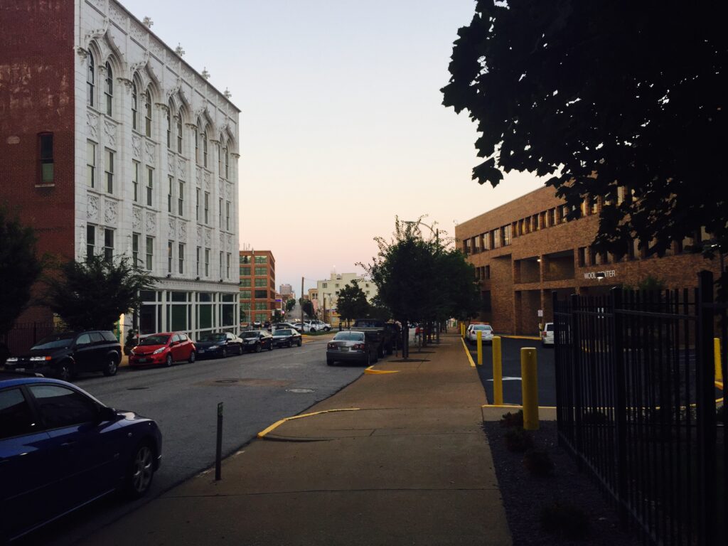 The 3500 block of Olive today, looking east toward downtown St. Louis. All of the buildings on the block that had contained lesbian and gay bars have been demolished. Photograph by Ian Darnell, summer 2016.