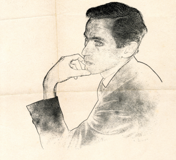 A charcoal sketch of William Gaddis, head and shoulders. 