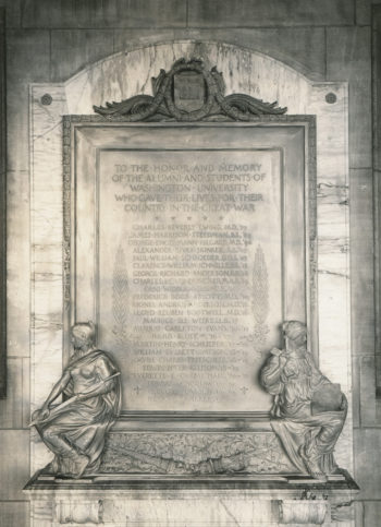 The Memorial Plague depicts two women in robes (one holding a sword the other ) at the base of ith an inscription and a list of names. The inscription reads: To the honor and memory of the Alumni and students of Washington University who gave their lives for their country in the Great War.