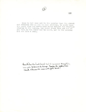 Two of three pages displayed here of a typescript draft of "The Triumph of Israbestis Tott" by William H. Gass The type is very small. 