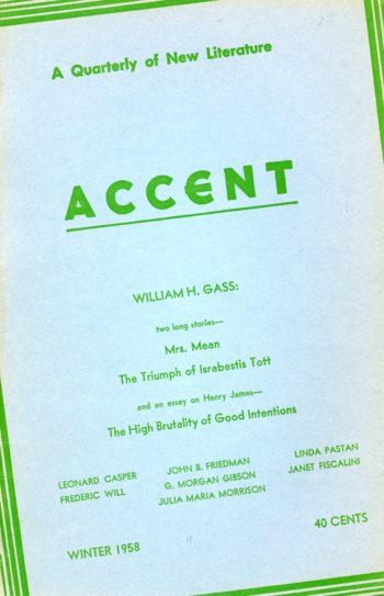 A cover of Accent's Winter 1958 issue. William H. Gass is featured by name. 