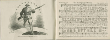 Sheet music for The Star-Spangled Banner is on the right-hand side of the page while a drawing of a soldier carrying a rifle as he walks over a ridge towards the viewer displays on the left. 