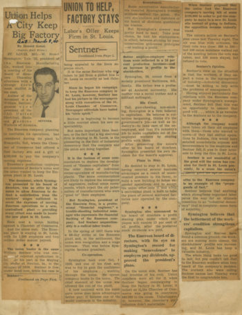 Article headlines read "Union Helps A City Keep Big Facory" and "Union to Help, Factory Stays: Labor's Offer Keeps Firm in St. Louis."