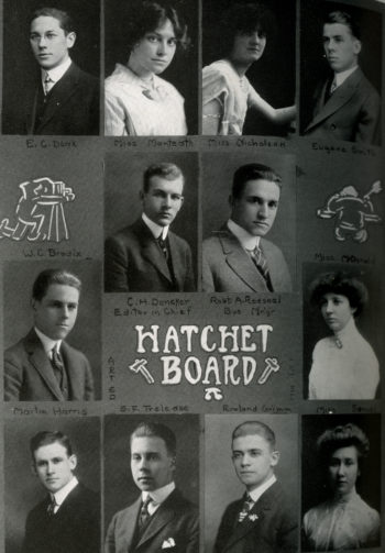 A group photo of the 1914 Hatchet board. The board is made up of twelve individuals, four women and eight men, all of whom were white. 