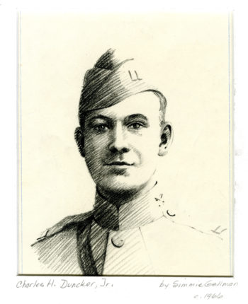 A sketch of Charles Duncker Jr.'s headshot. Duncker is dressed in uniform, which includes a military cap and a high-necked jacket. 