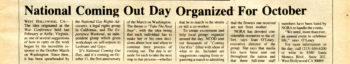 An article from The Gay News-Telegraph announcing the first annual Coming Out Day, September 1988. The article is titled: National Coming Out Day Organized for October.