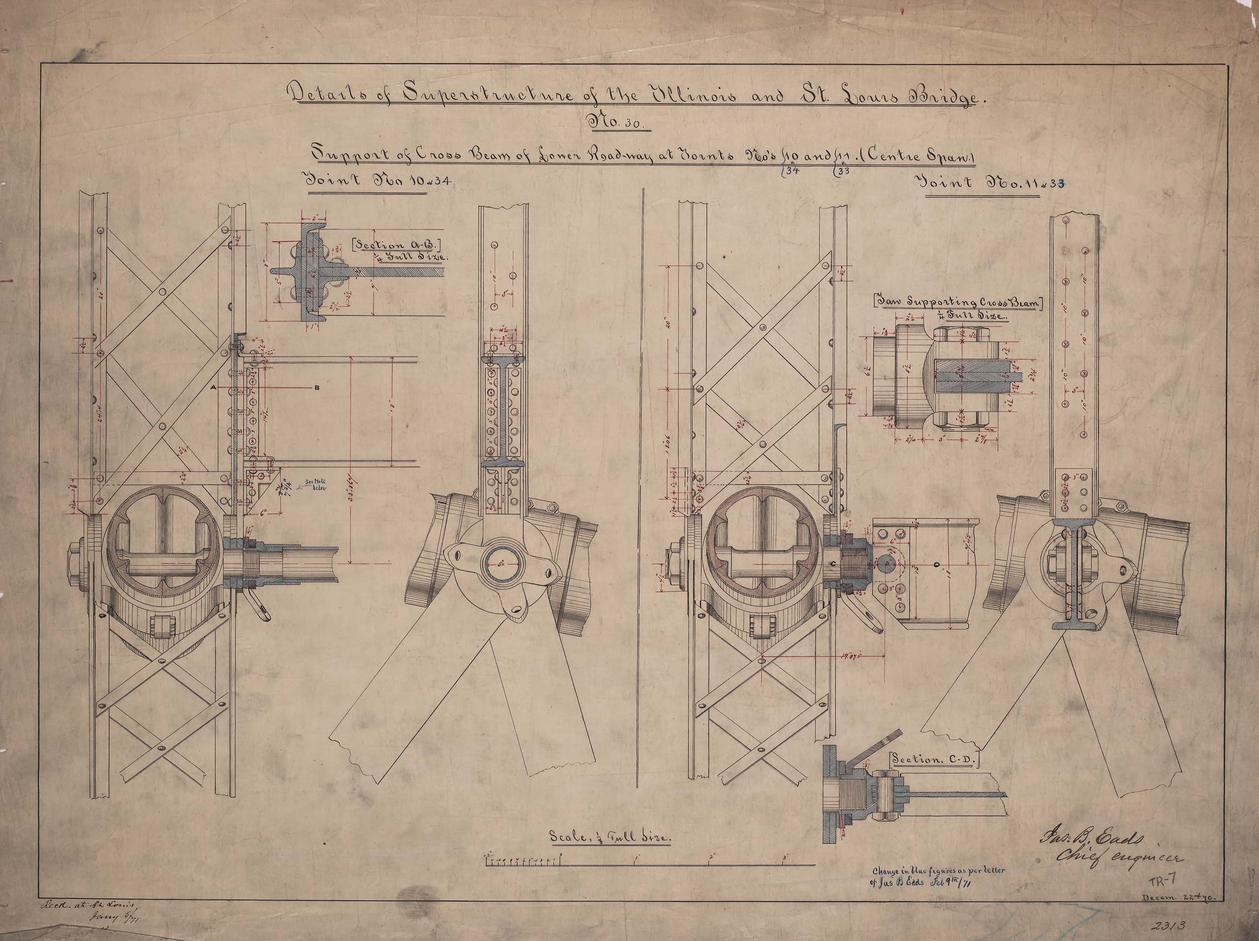 Sketched architectural details for the Illinois and St. Louis Bridge.