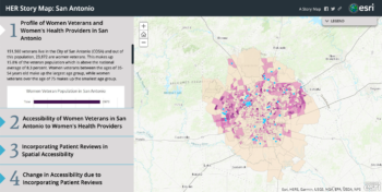 Shows a screenshot of the application interface, which displays map of San Antonio with purple location markers designating health services for women veterans. 