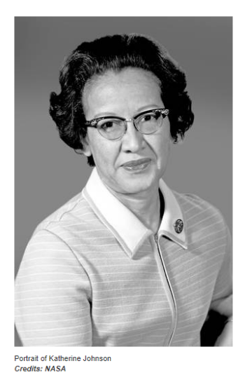 Photo portrait of Katherine Johnson. Johnson is in a collared blouse and horned-rimmed glasses. 