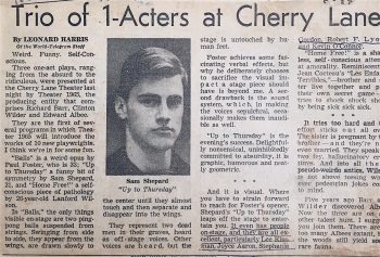 Newspaper clipping of a review of Up to Thursday from 1965. The review headline reads "Trio of 1-Acters at Cherry Lane."