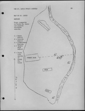 A three-hole-punched slip of paper with a hand-drawn map and a typewritten key. The map shows St. Louis west of the Mississippi River with Forest Park designated as the western-most boundary, the cemeteries the northernmost; Tower Grove and Carondelet Parks are indicated as well. The typed key has numbers 1-4 denoting Public Schools and the sole letter, N, indicating African-American communities in South St. Louis. The schools are all clustered between Forest Park and the Mississippi River, a distance of approximately six miles according to the map's key. The map is further titled "[African-American] community in St. Louis and [indecipherable] available schools. 