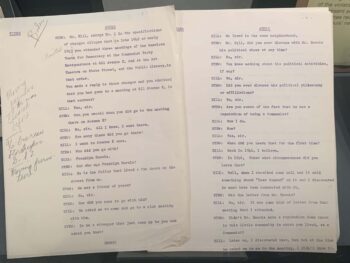 Script for TV show about security hearings. The script pages are typed  and there are handwritten notes in the margins. 