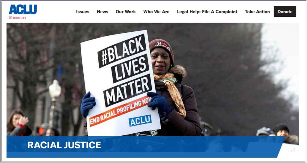 Screenshot of the ACLU-MO Front page, which depicts a woman holding sign "#Black Lives Matter."