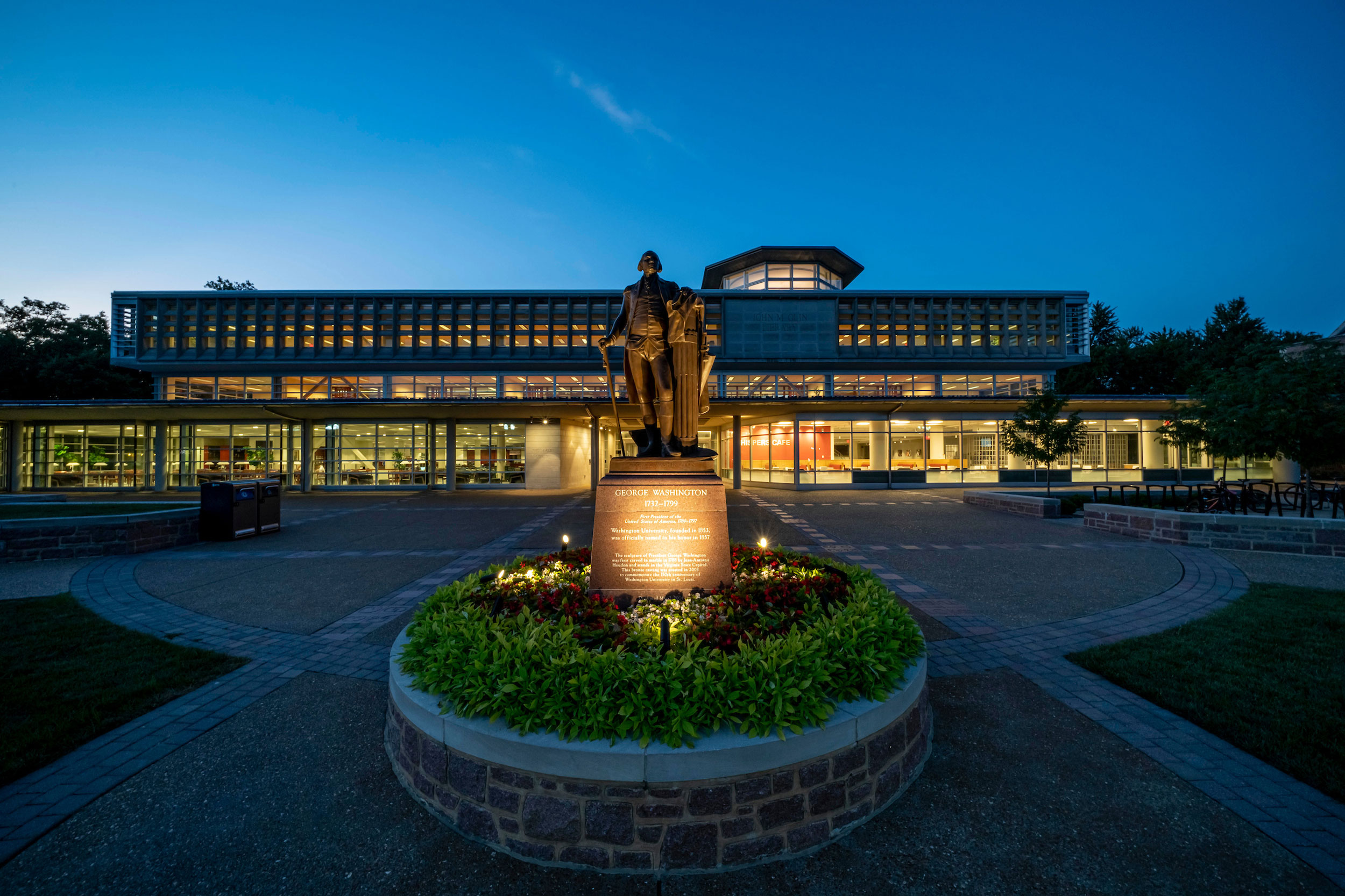 Exterior image of Olin Library at night