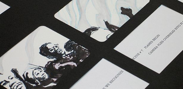 Film slides or stills. In one still are somber faces drawn and shaded in pen. Another slide reads "Scene #7 Flames Begin."