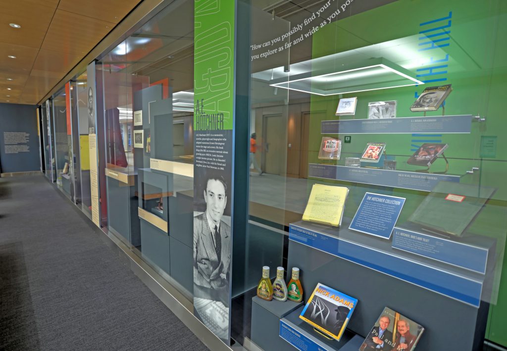 The A.E. Hotchner display in the Lasting Legacies exhibition. The display shows items and papers from the A.E. Hotchner Collection held by the WashU Libraries.