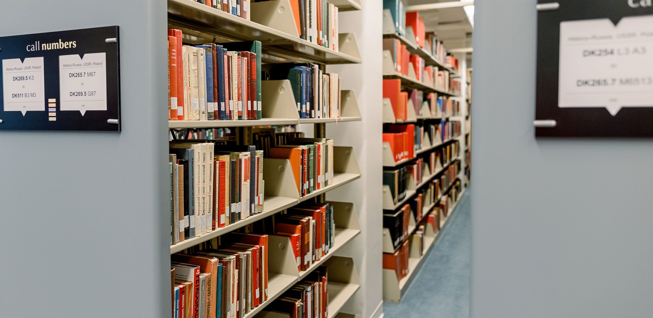 Books in the stacks at Olin Library.