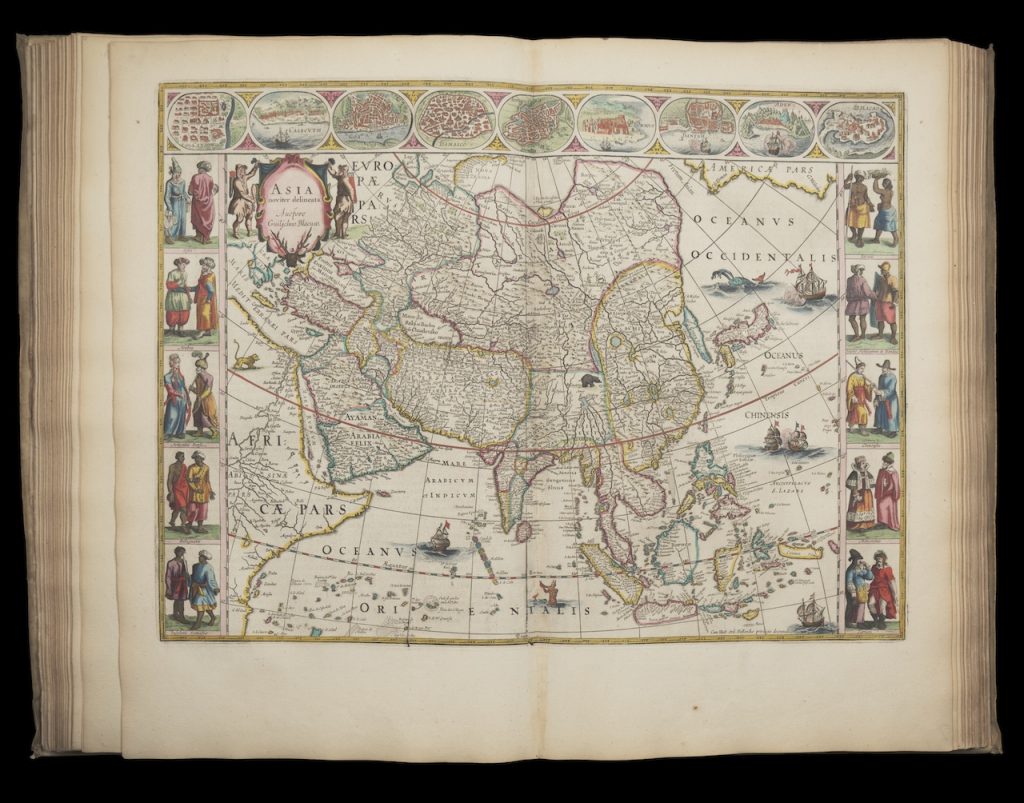 The pages displayed in this image depict an elaborate map of Asia found within the Atlas Maior. There are highly detailed and colorful drawings of the people found within the countries shown on the map. 