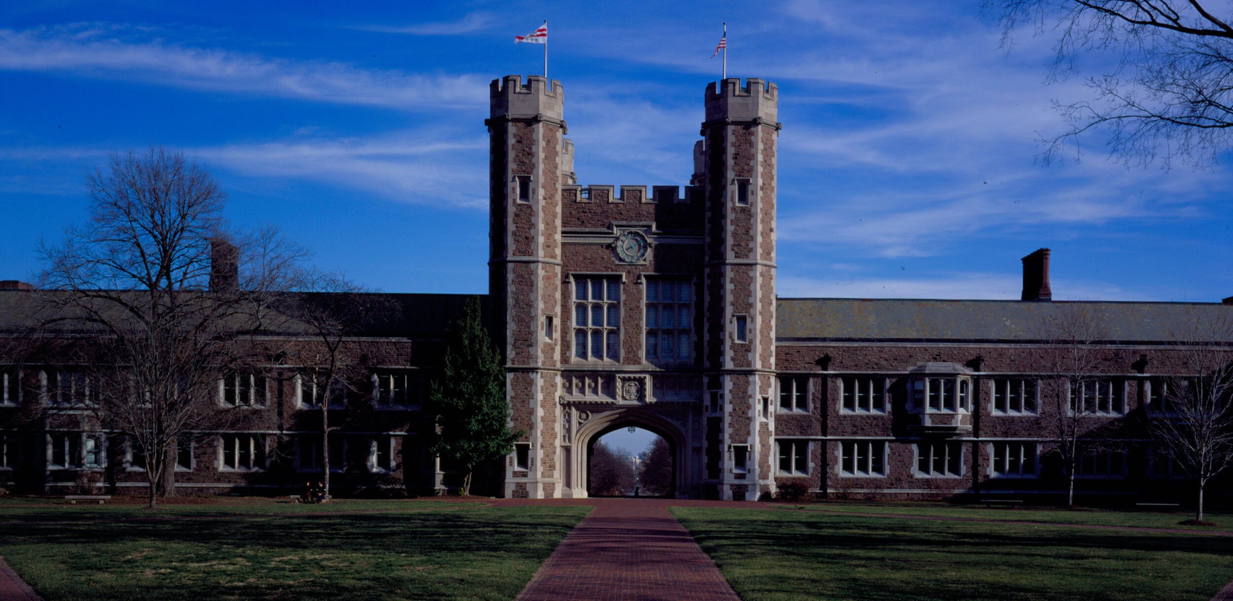 A photo of Brookings Hall with clear, blue skies.