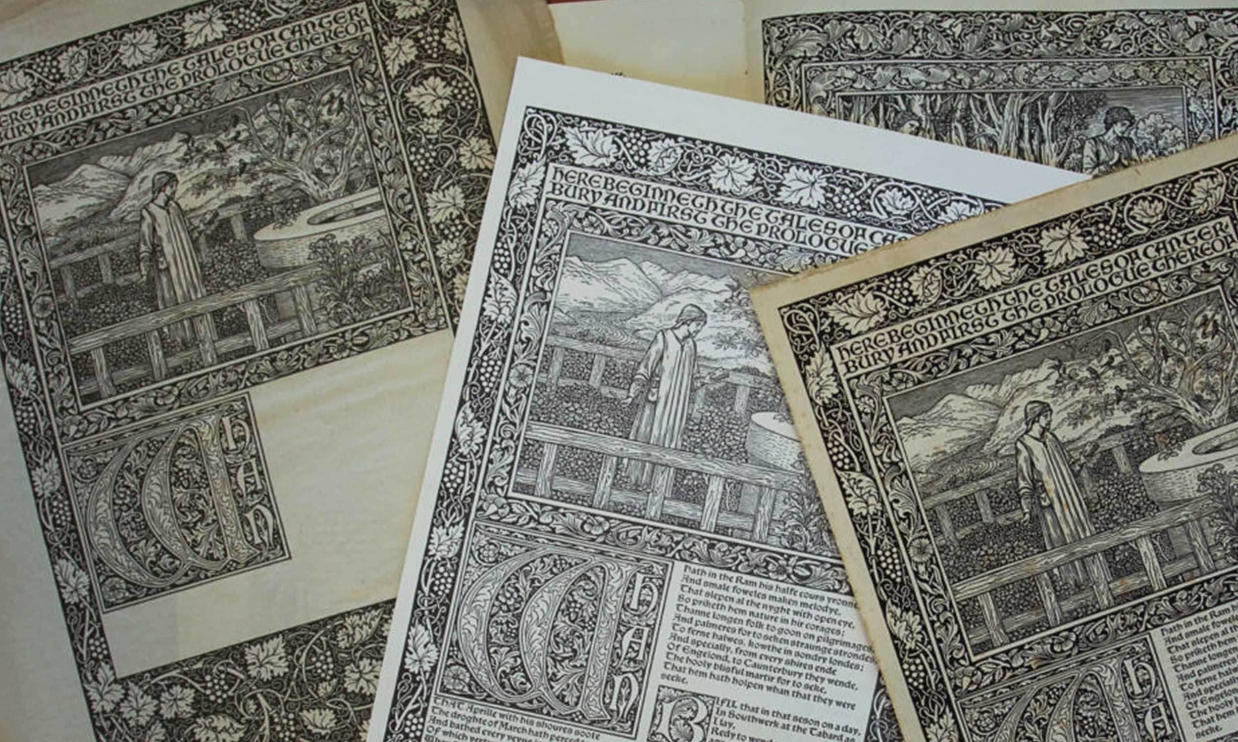 Various Trial pages from Kelmscott Press' Chaucer printing.