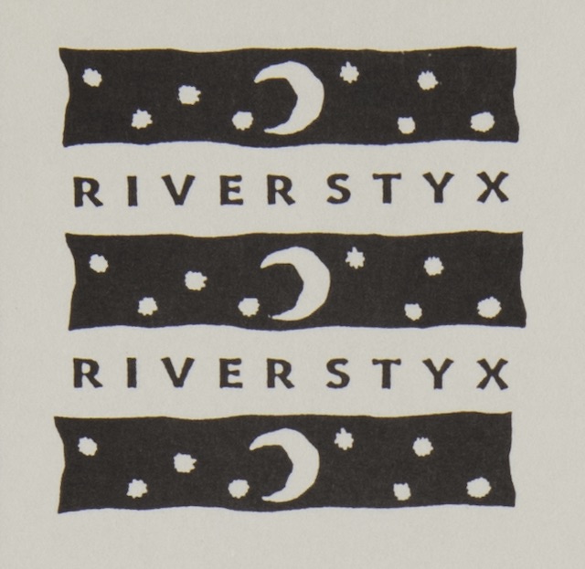 Close up of the RiverStyx logo - a drawing of a crescent moon with stars in the background.