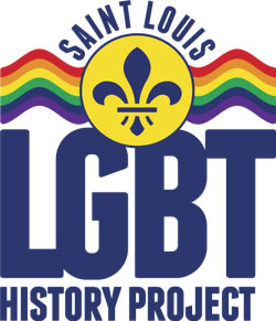 Logo for the Saint Louis LGBT History Project. Image features a fleur de lis with a rainbow on either side along with the text.