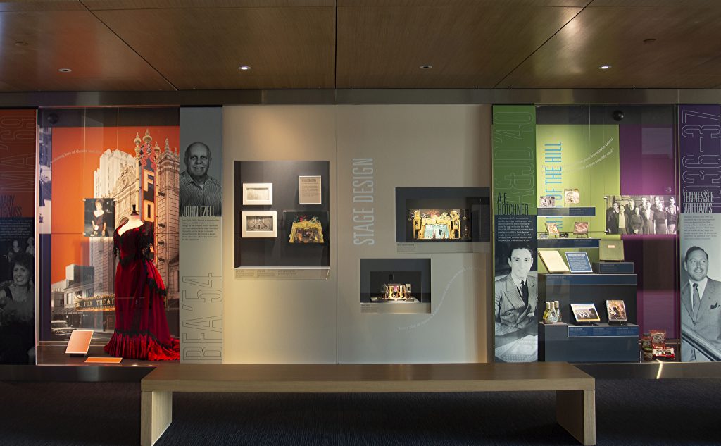 A photo of an exhibition on display at the Thomas Gallery on Level 1 of Olin Library.