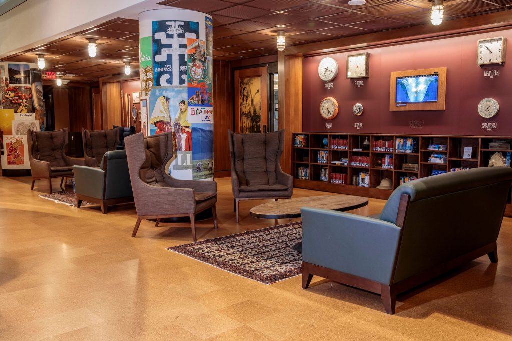 A photo of the chairs and study space in the Newman Exploration Center on Level A of Olin Library.
