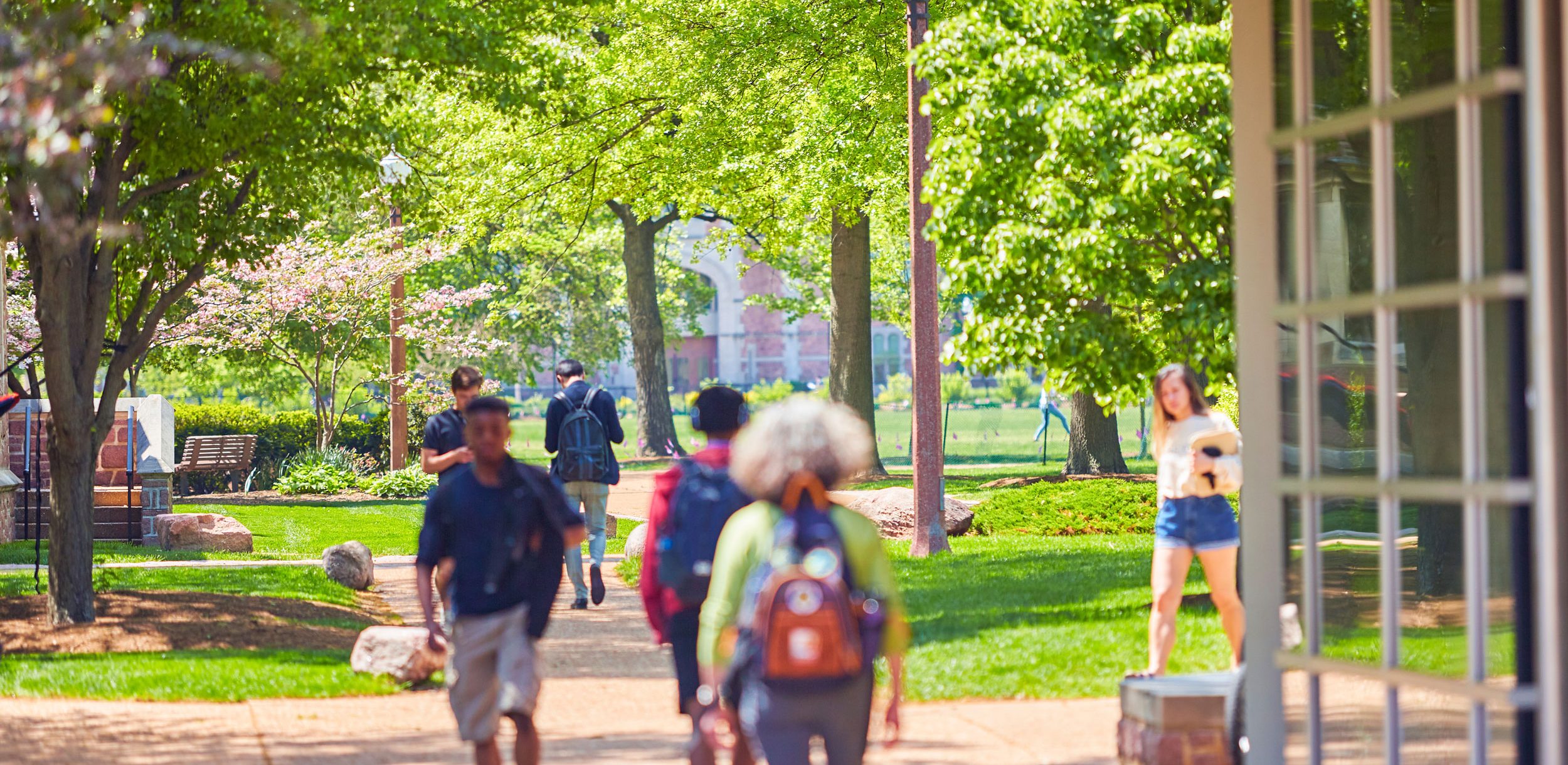 Students walking on the Danforth Campus outside of Olin Library.