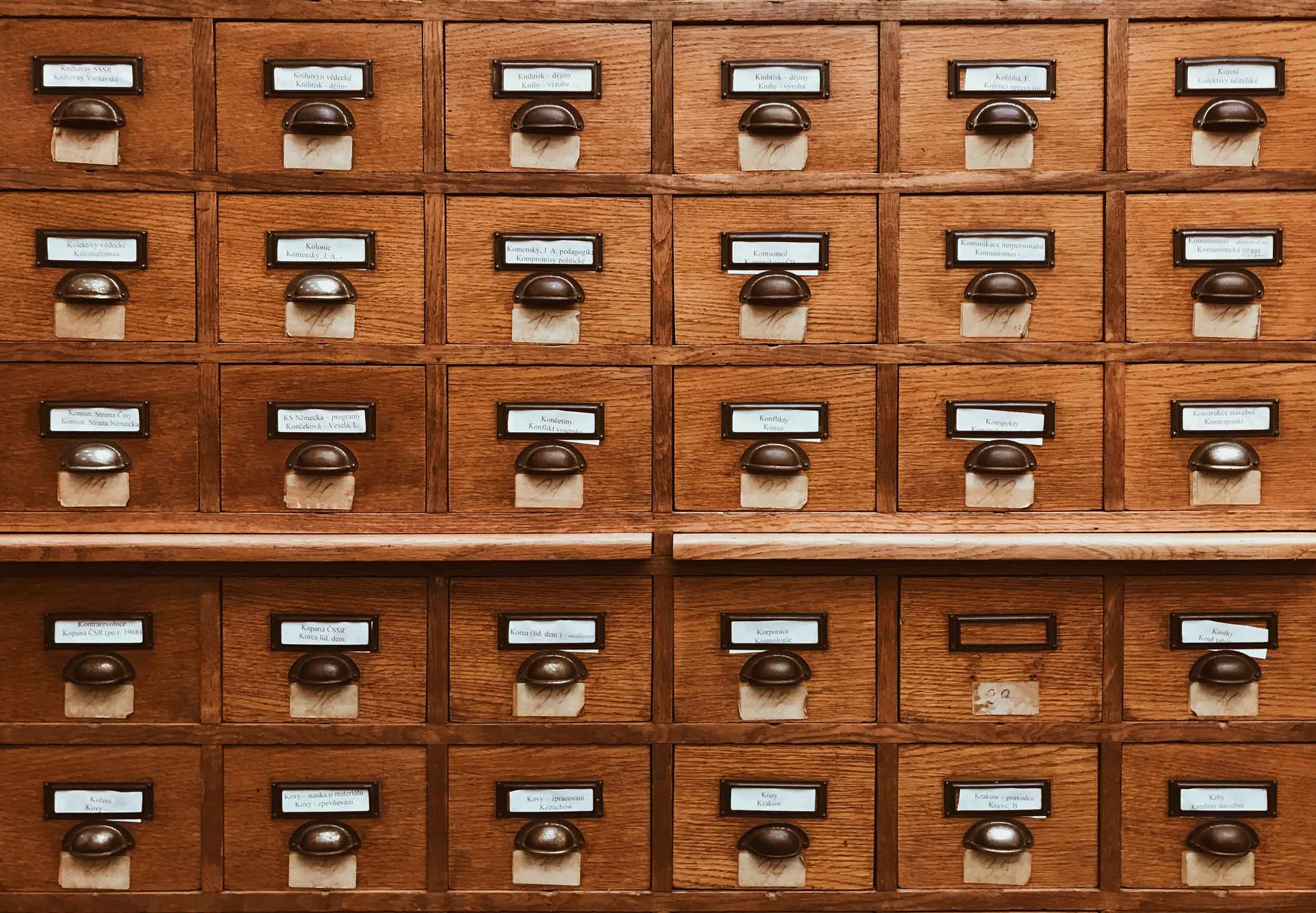 Close up of a classic card catalog previously used as a research finding aid.