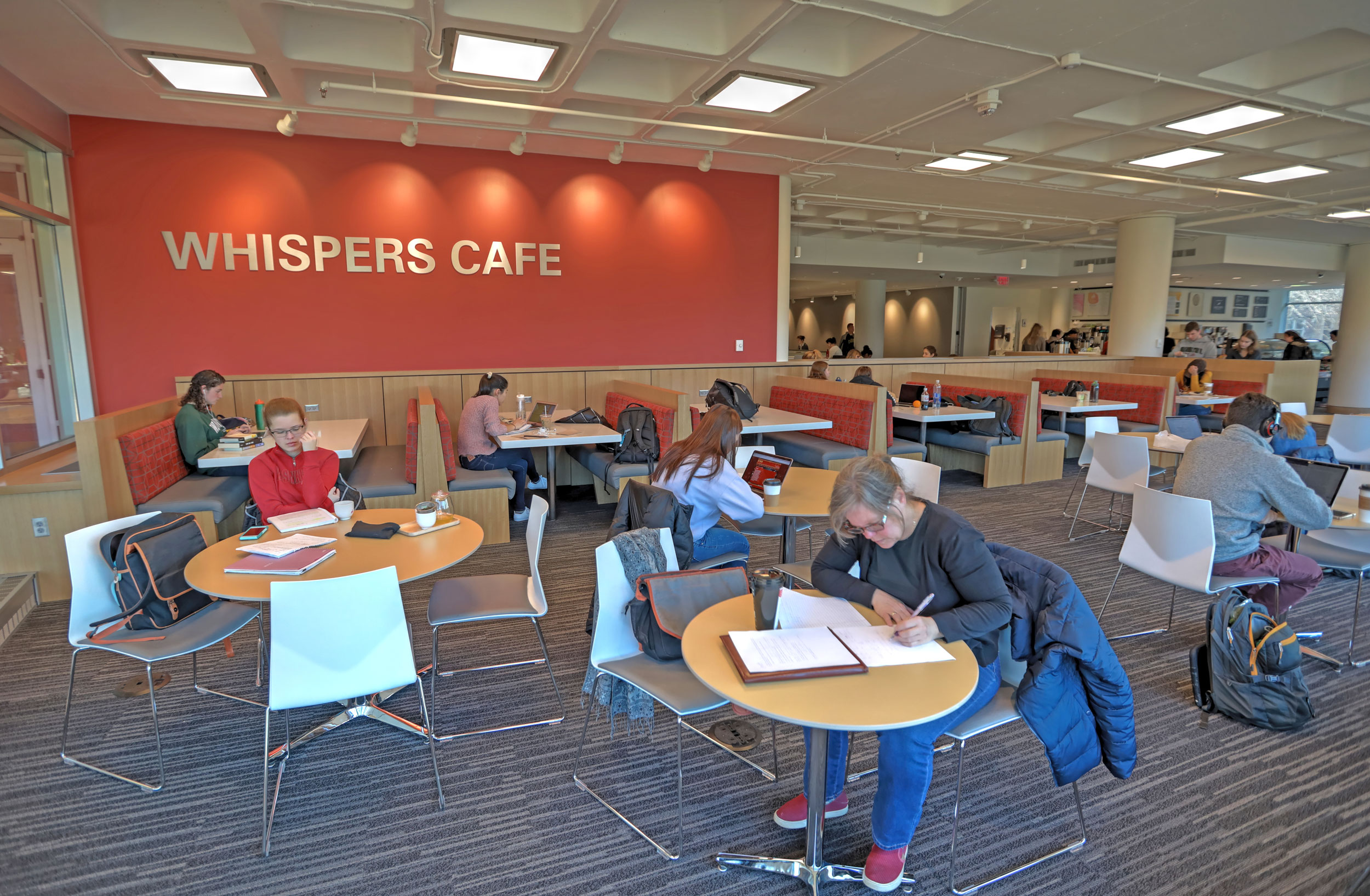 Students studying in Whispers Cafe.