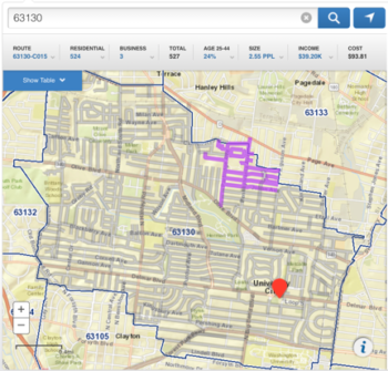 Screenshot of the U.S. Postal Service's online map tool. The screenshot shows a grid-line, street-by-street map for the 63130 area with a blue line outlining the zip code limits and a purple highlight for this user's route. 