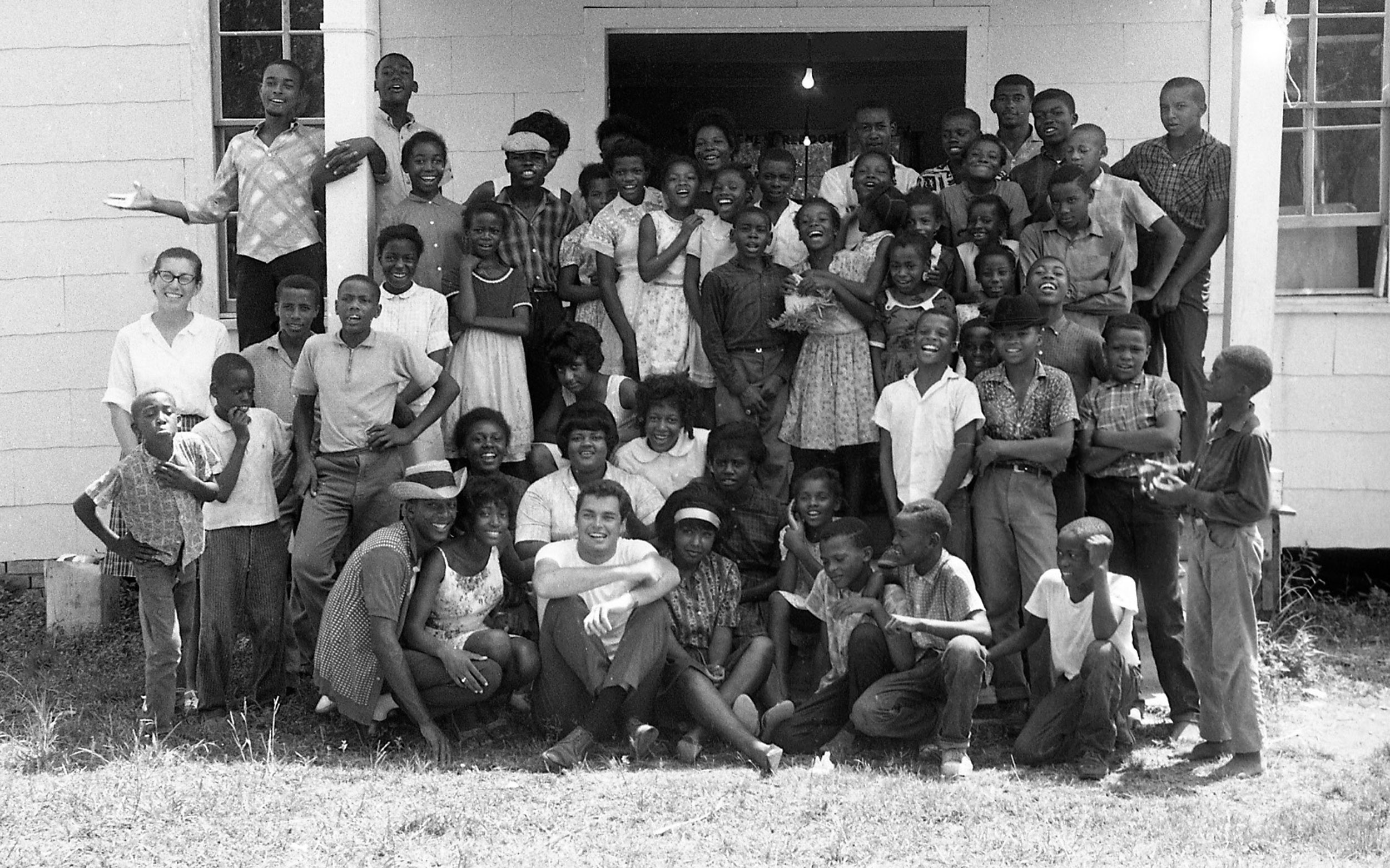 Group photo of students and volunteers with Richard Beymer at a Freedom School during Freedom Summer, Mississippi, 1964