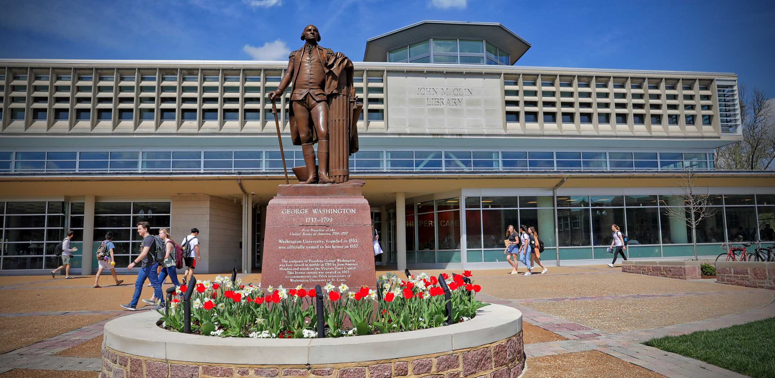 The George Washington statue located in front of Olin Library on the Danforth Campus