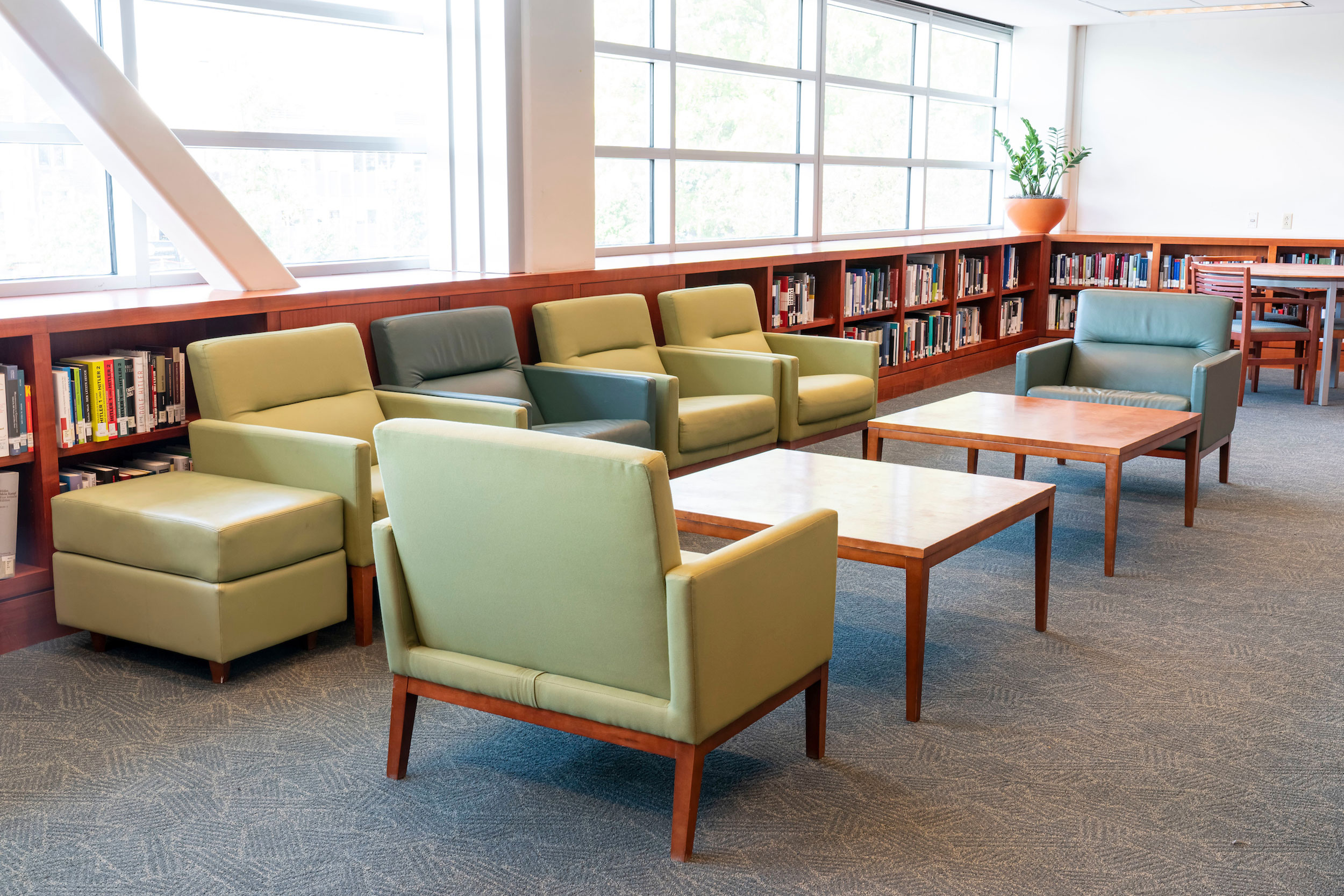 Empty study chairs in Olin Library.