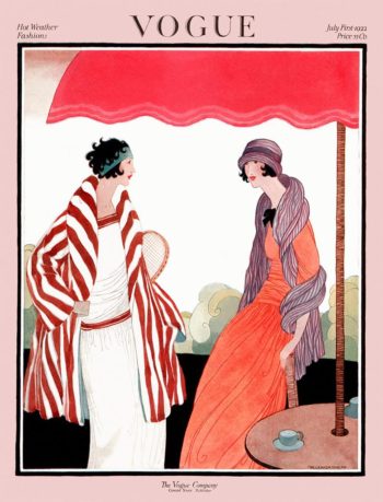 Vogue magazine cover with an illustration of two women under an umbrella.