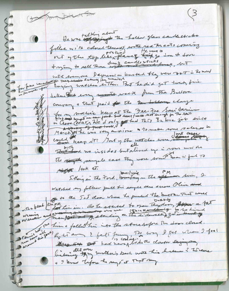 The manuscript is on a lined, spiral notebook and is written in cursive with many items crossed-out or annotated in margins. The top of the page is marked 3.