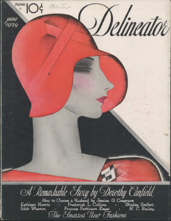 Delineatorr magazine cover with an illustration of a woman in a red hat.