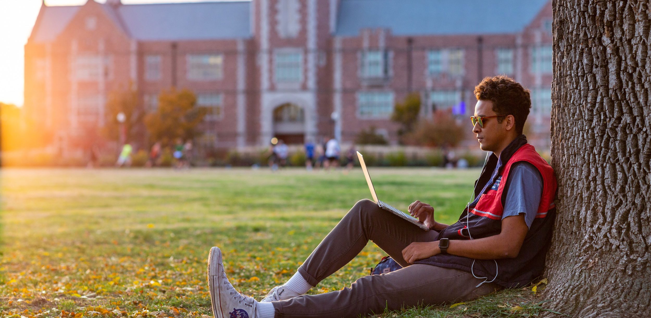 Student studying on campus beneath a tree.