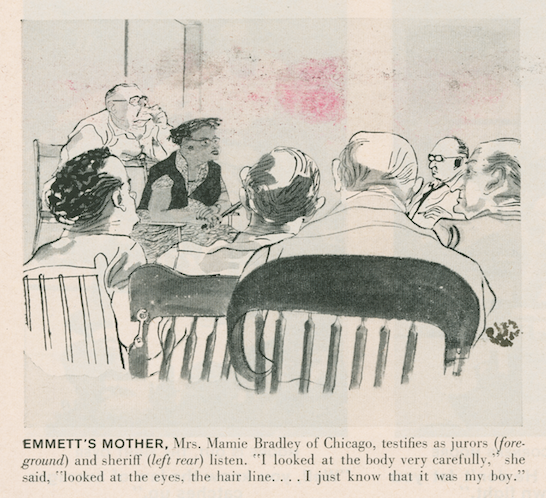 A courtroom artist's rendering of Emmett's Mother, Mrs. Mamie Bradley, as she testified during Emmett's case. In the drawing, Mrs. Mamie is the only woman in a court of men, and the only BIOPC at the table. 