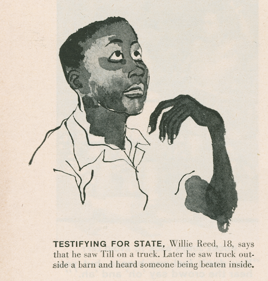 A courtroom artist's rendering of Willie Reed, 18, as he testified for Emmett Till.