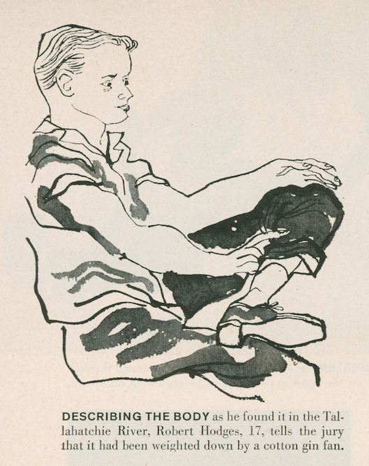 A courtroom artist's rendering of Robert Hodges, 17, describing how the body of Emmett Till was found. The artist shows Hodges leaning back in the chair, at ease with one leg crossed ankle-on-knee with the other. 