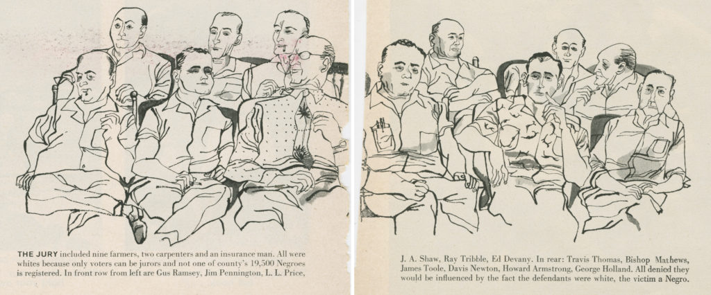 Caricature sketch of the all-white, male jury during the case of Emmett Till, illustrated by Frank McMahon and seen in the 3 October 1955 issue of Life.