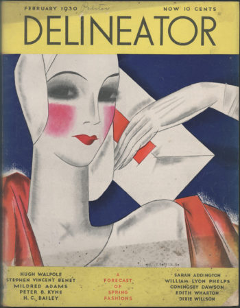 Delineatorr magazine cover with an illustration of a woman with a fancy clutch purse.