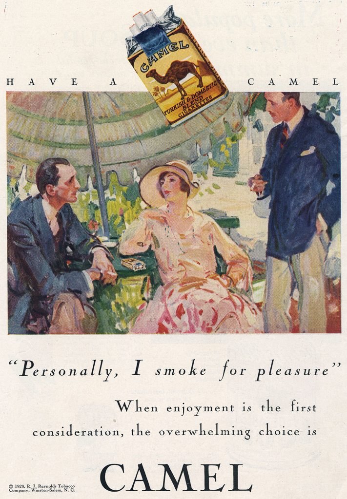 Full-page, full-color ad for CAMEL brand cigarettes. Image is of a lady with two gentlemen with text that reads: Have a Camel. "Personally, I smoke for pleasure." When Enjoyment is the first consideration, the overwhelming choice is CAMEL.