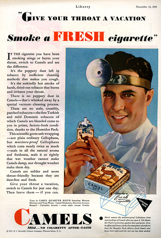 Full-page, full-color ad for Camels Cigarettes featuring a man in doctor's garb. The headline of the ad reads: Smoke a FRESH cigarette.